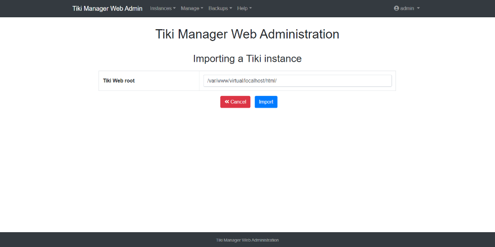 Tiki Manager Web Administration Import Instance