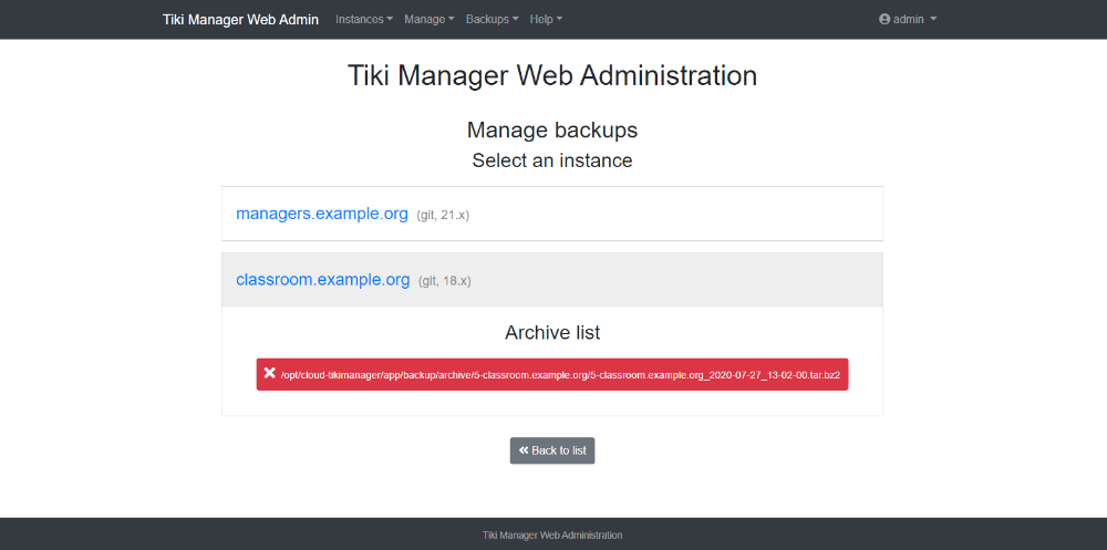Tiki Manager Web Administration Manage Backups