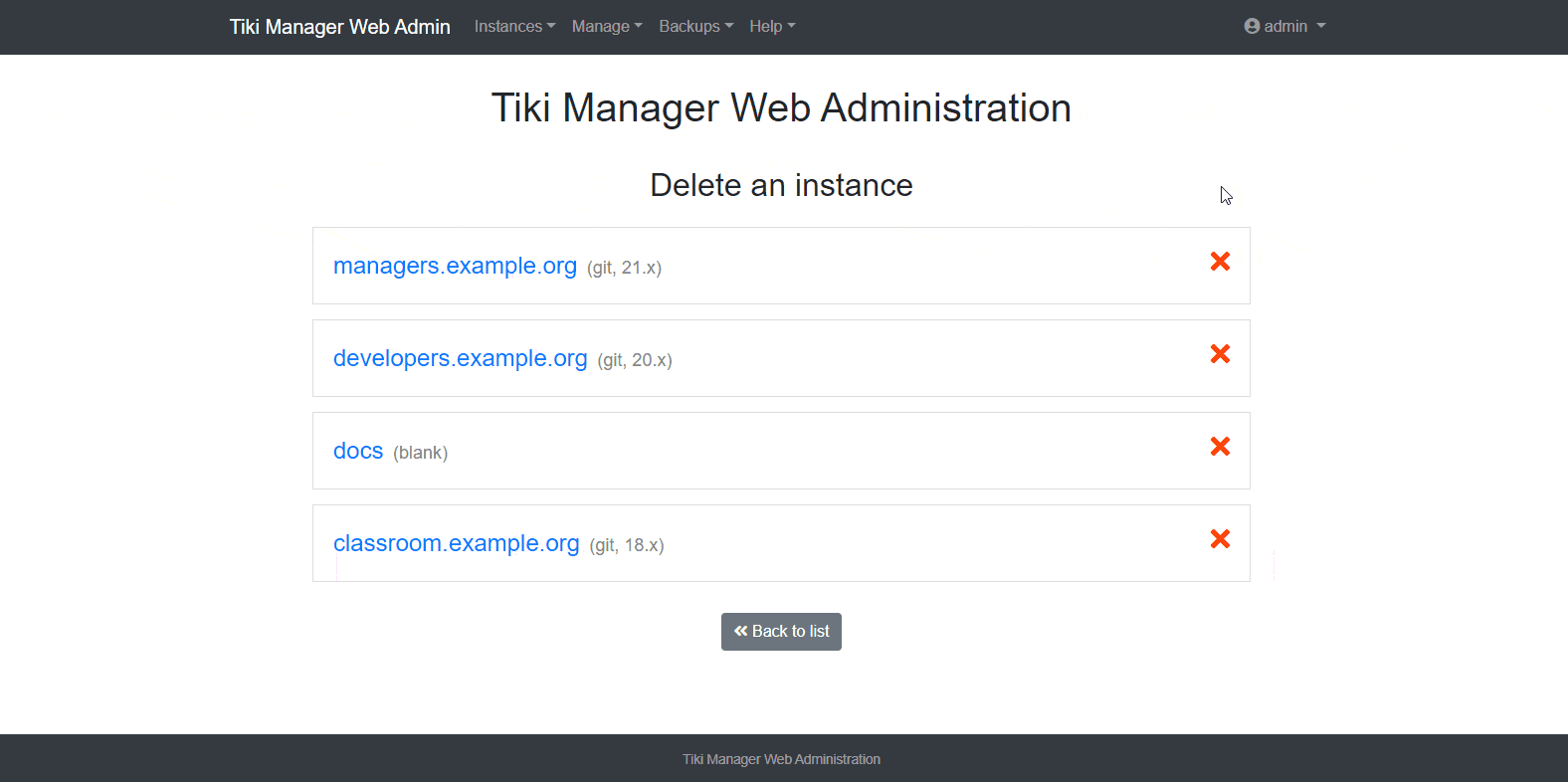 Tiki Manager Web Administration Delete Instance