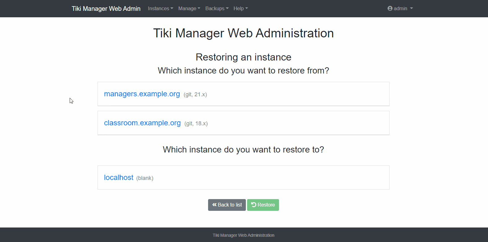 Tiki Manager Web Administration Restore Instance