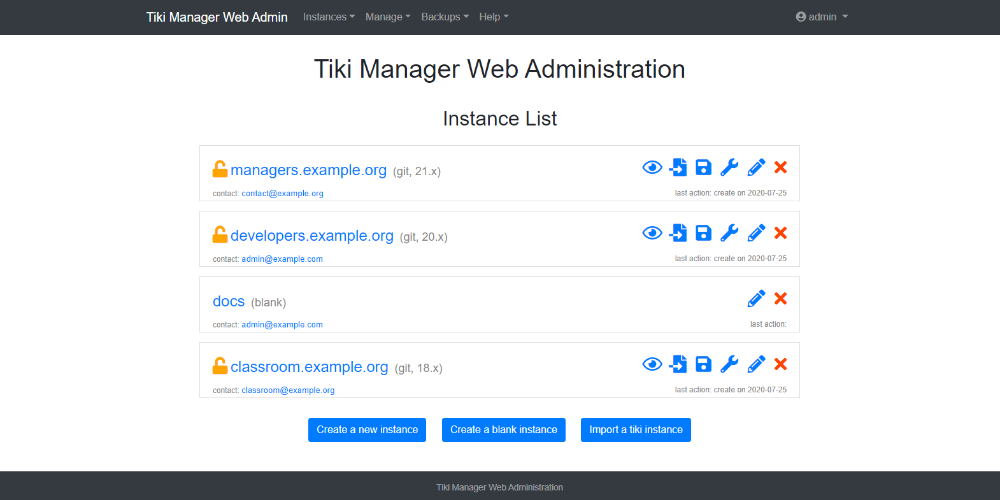 Tiki Manager Web Administration List Instances