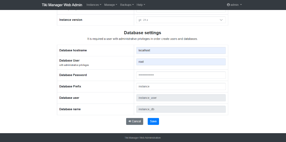Tiki Manager Web Administration Instance Create Step 2