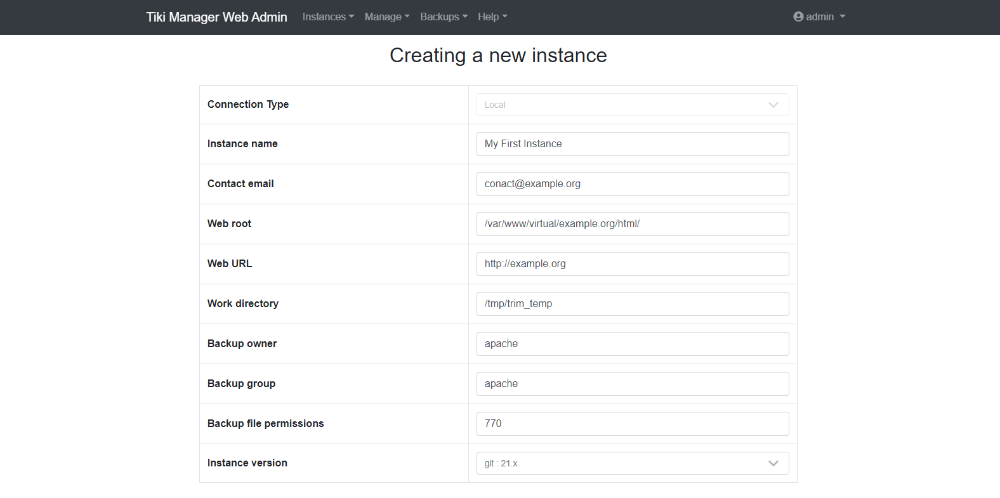 Tiki Manager Web Administration Instance Create Step 1