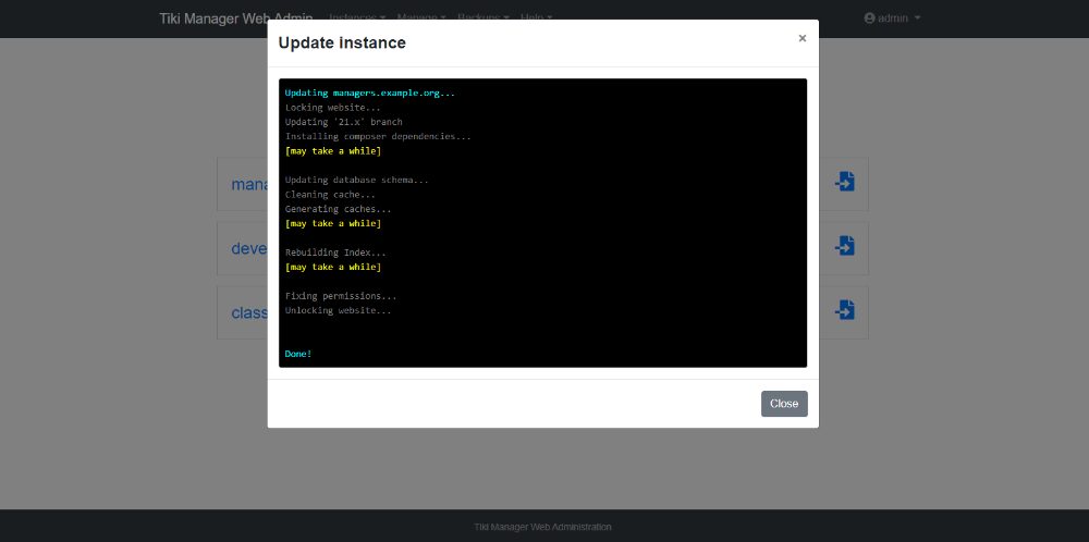 Tiki Manager Web Administration Update Instance