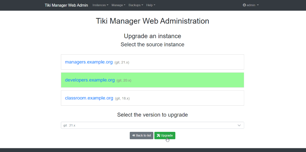 Tiki Manager Web Administration Upgrade Instance