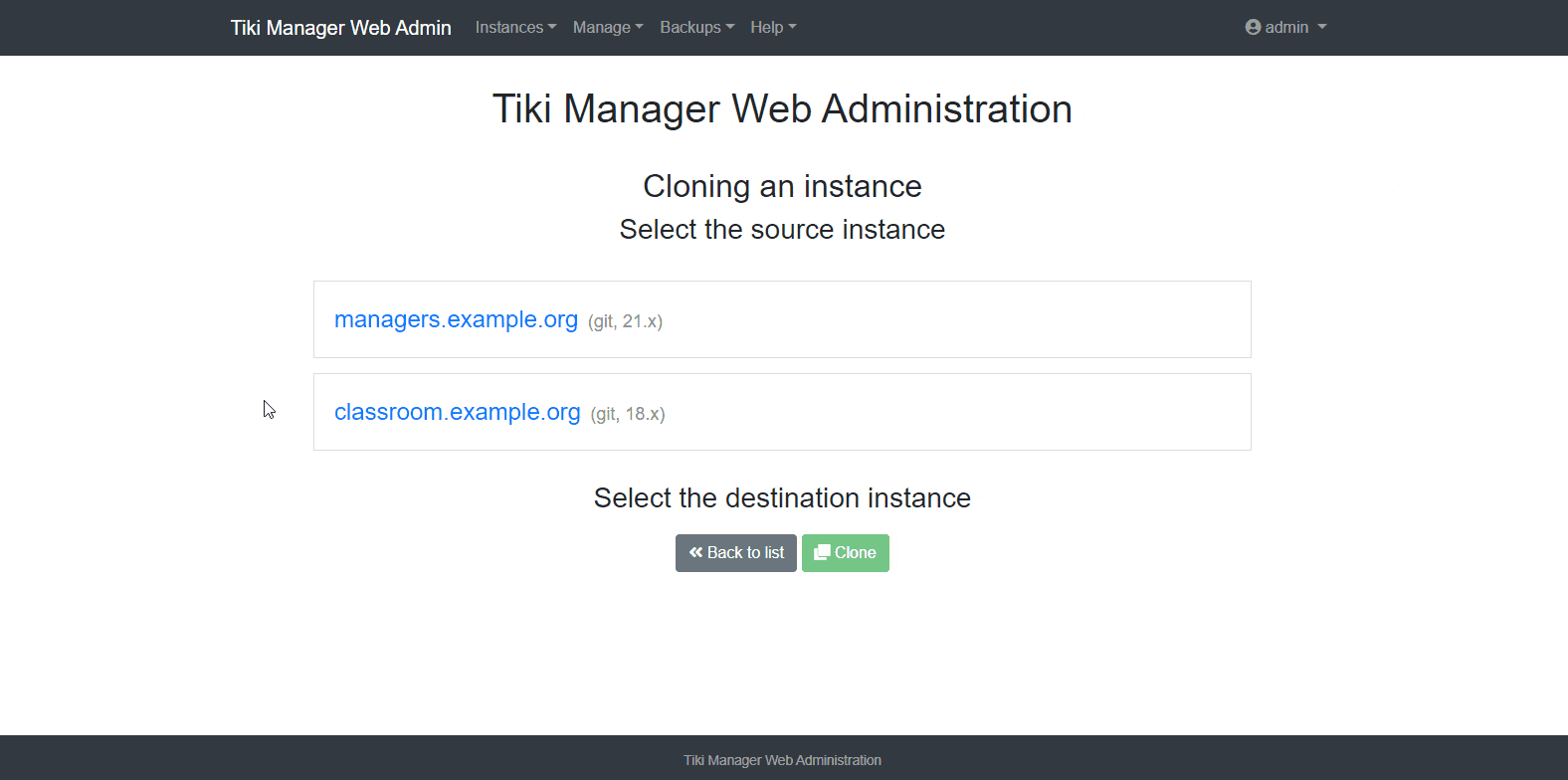 Tiki Manager Web Administration Clone Instance