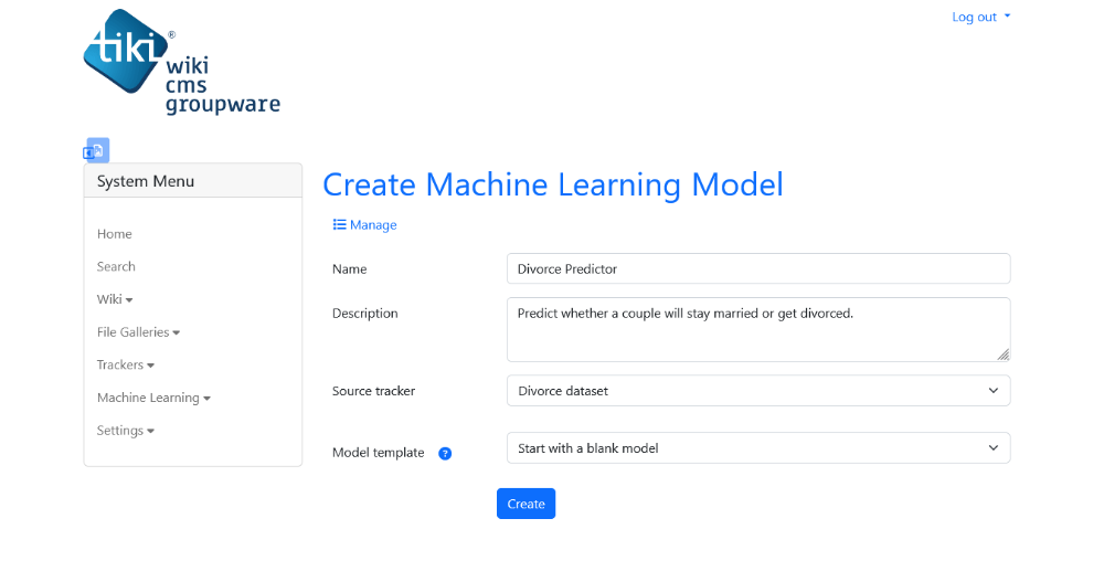 Model creation page