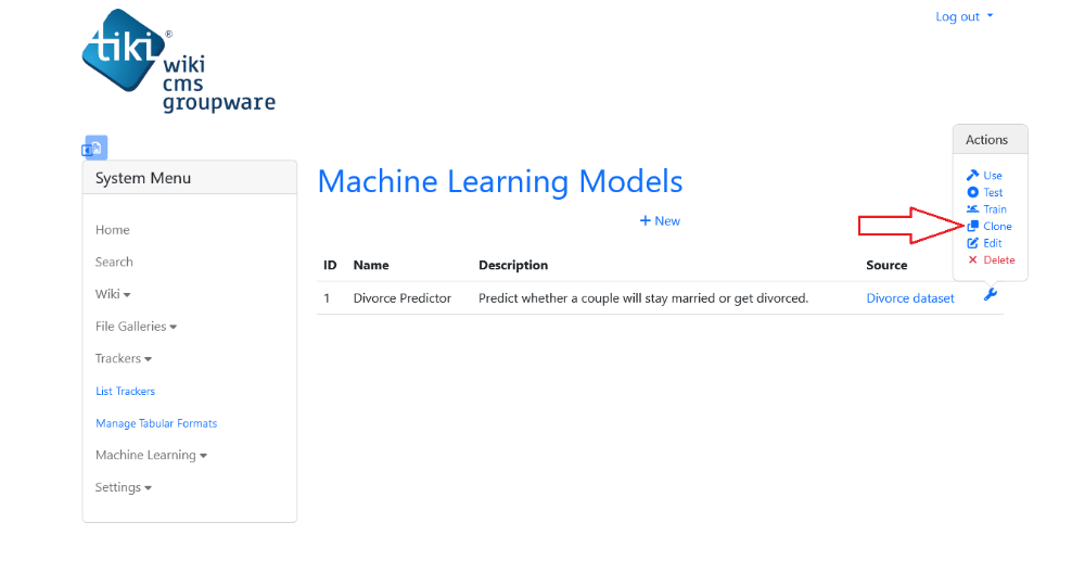 Click clone in action menu to open model cloning page