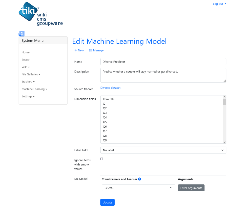 Model configuration page