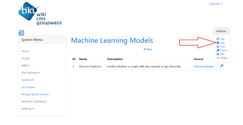 Clicking on Test in model's action menu will start test