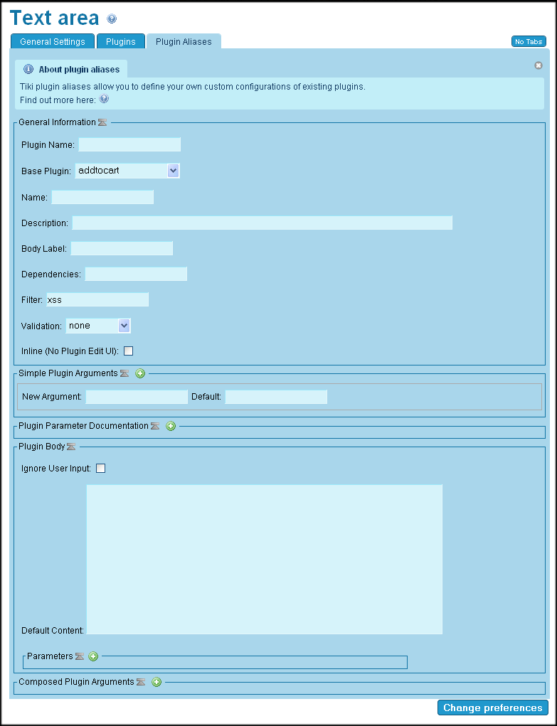 Admin: Text Area, Plugin Aliases tab