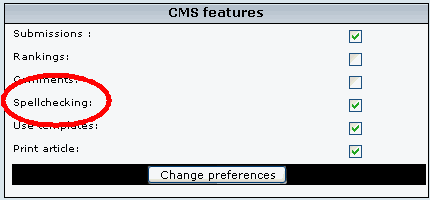 CMS Features section of the Articles: Config page.