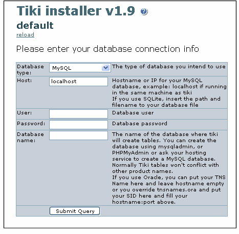 Exemple de finestra d'instal·lació de Tiki.